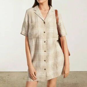 Everlane linen shirt dress in plaid cream